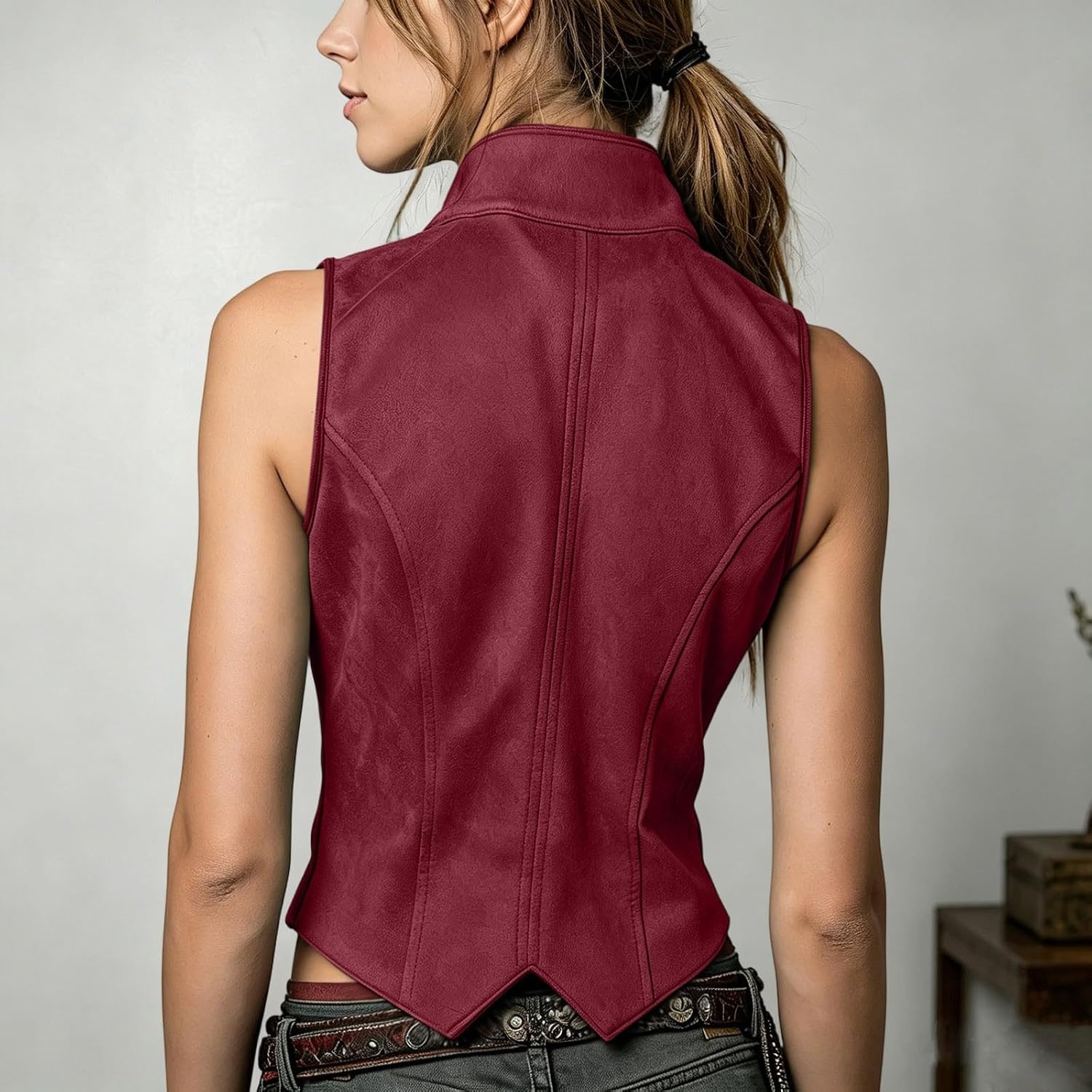 image:imageWestern Vest Women Sleeveless Faux Suede Leather WaistcoatWine