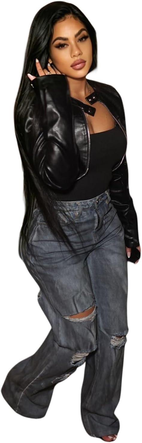 image:imageWomen Cropped Faux Leather Jacket Open Front Bolero Moto Jacket Y2K Biker Jacket for Night OutBlack
