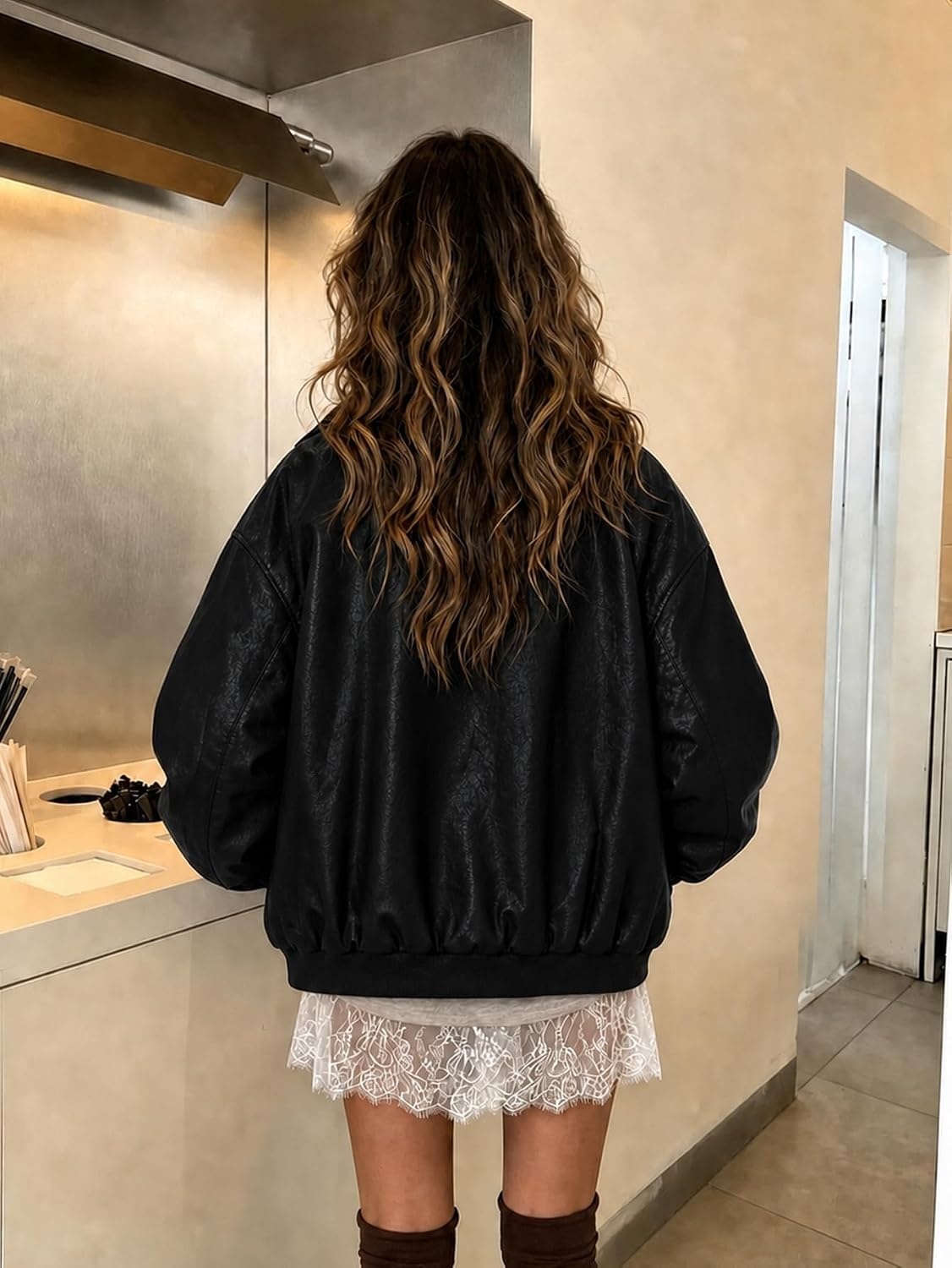 image:imageWomen Faux Leather Jacket Oversize PU Motorcycle CoatBlack