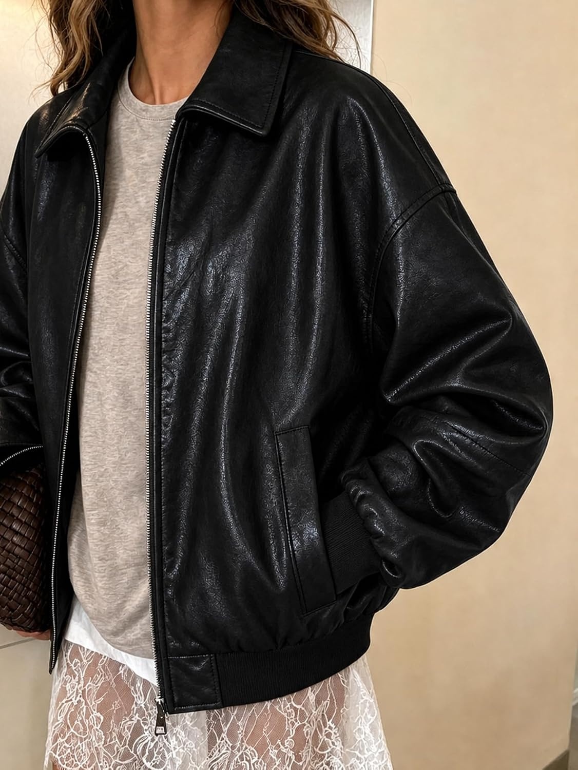 image:imageWomen Faux Leather Jacket Oversize PU Motorcycle CoatBlack