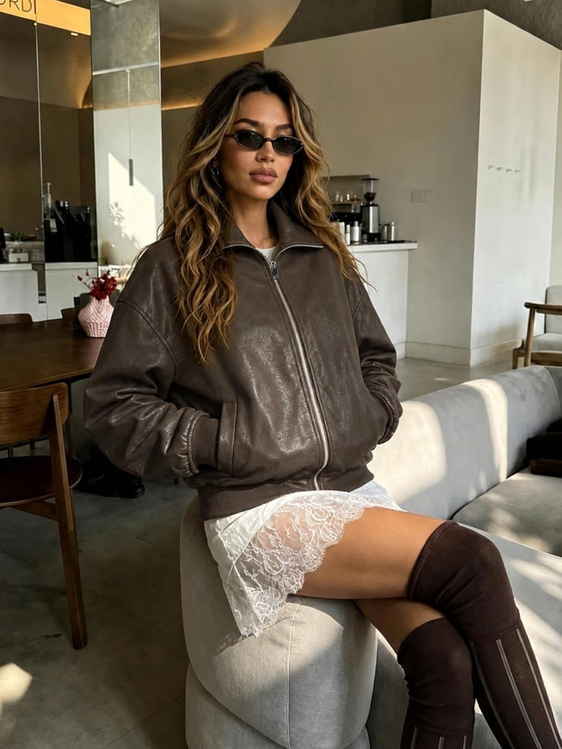 image:imageWomen Faux Leather Jacket Oversize PU Motorcycle CoatBrown