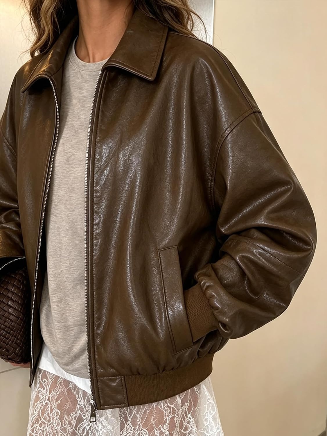 image:imageWomen Faux Leather Jacket Oversize PU Motorcycle CoatCoffee