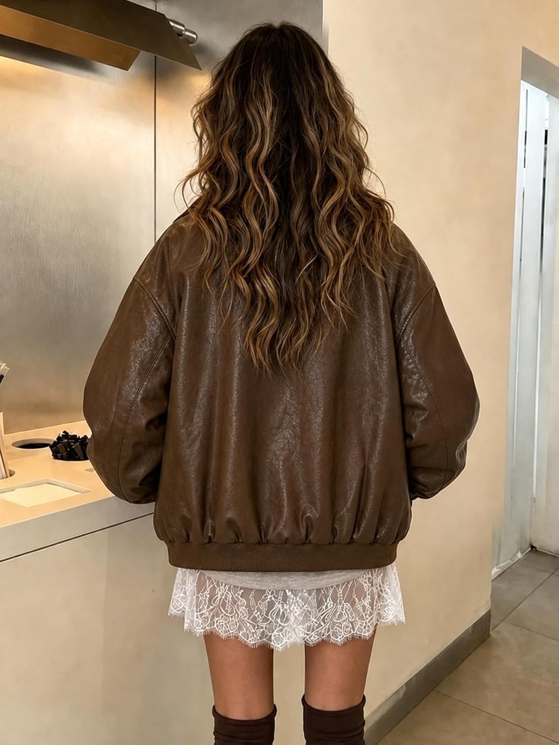 image:imageWomen Faux Leather Jacket Oversize PU Motorcycle CoatCoffee