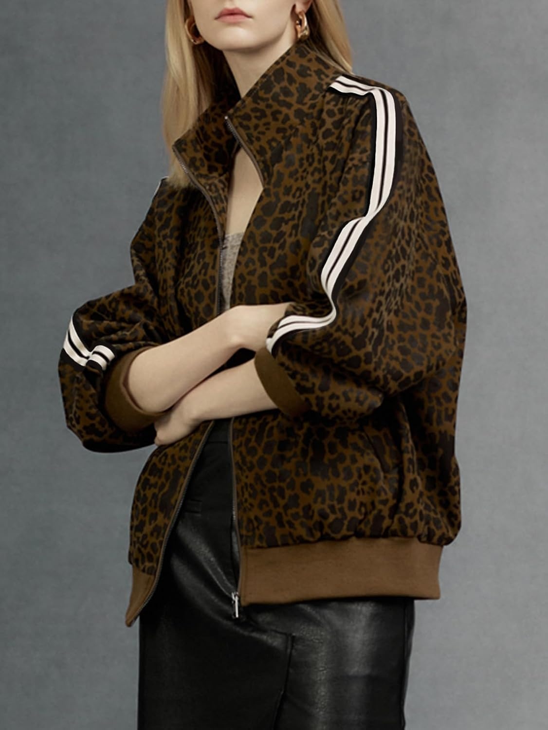 image:imageWomen Faux Leather Jacket Oversize PU Motorcycle CoatDbrown Leopard