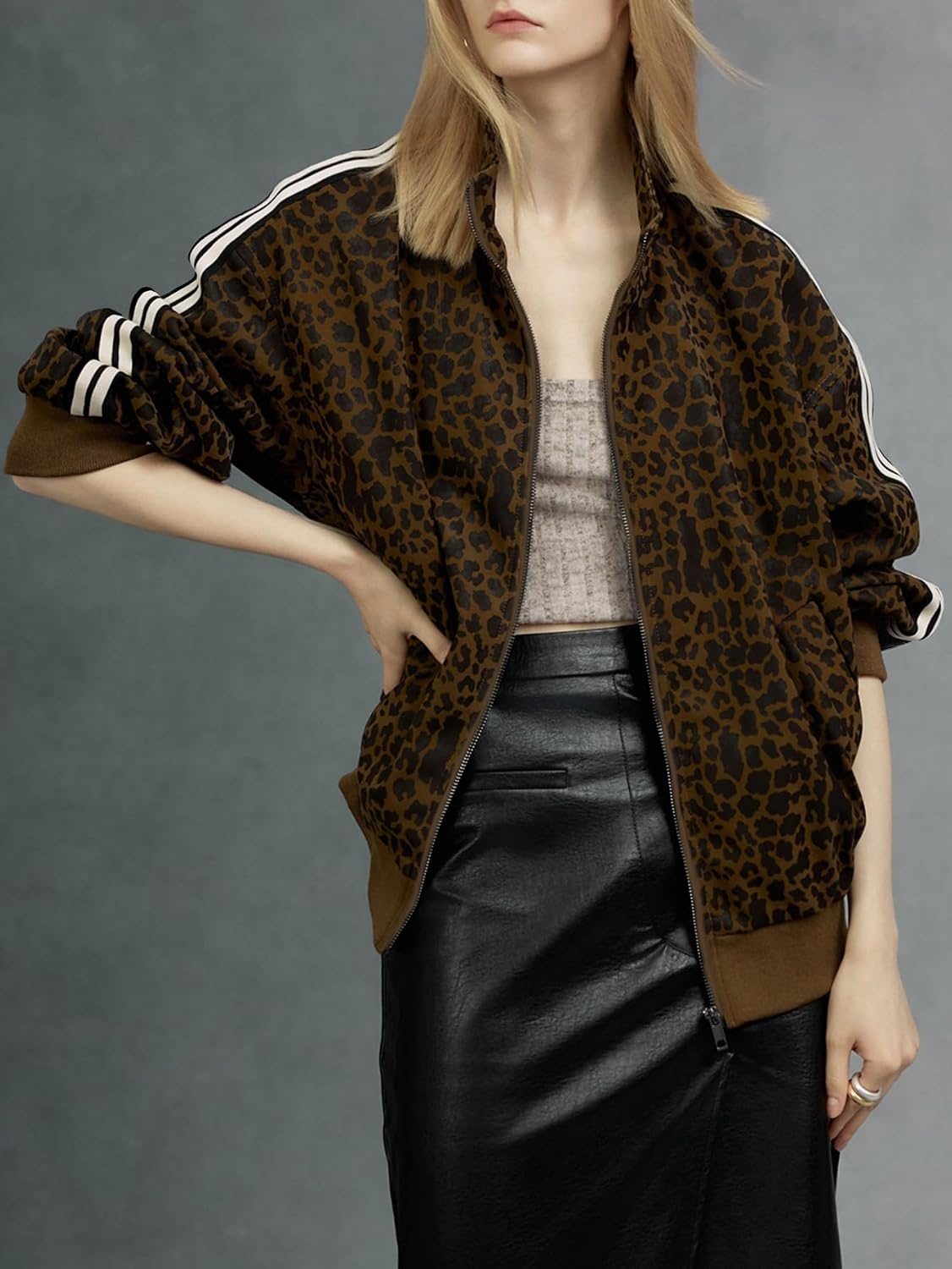 image:imageWomen Faux Leather Jacket Oversize PU Motorcycle CoatDbrown Leopard