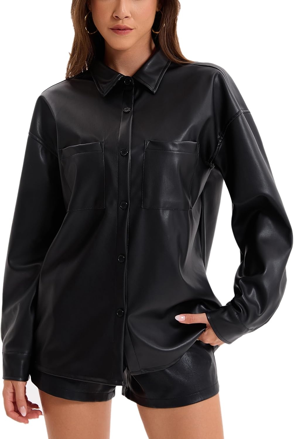 image:imageWomens Faux Leather Button Up Shirt Jacket Pleather Blouse Shacket TopsBlack