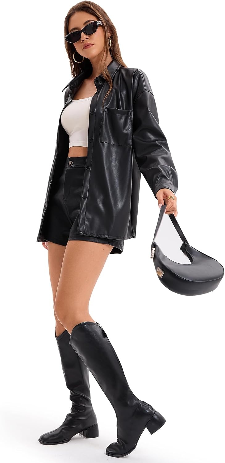 image:imageWomens Faux Leather Button Up Shirt Jacket Pleather Blouse Shacket TopsBlack