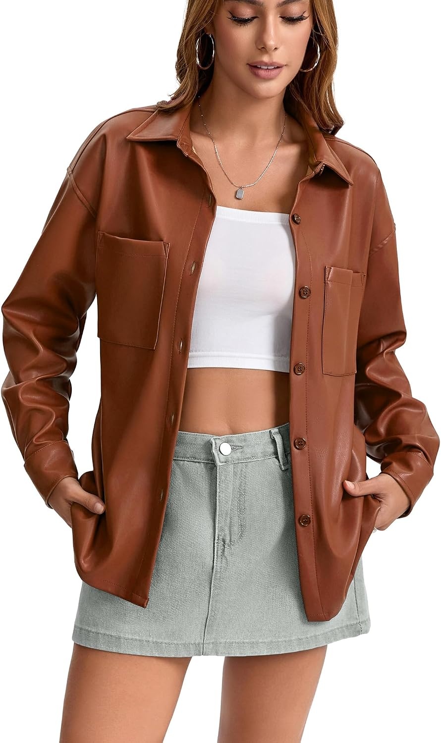 image:imageWomens Faux Leather Button Up Shirt Jacket Pleather Blouse Shacket TopsBrown