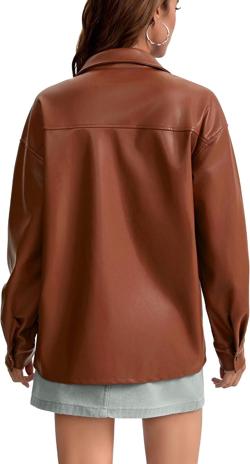 image:imageWomens Faux Leather Button Up Shirt Jacket Pleather Blouse Shacket TopsBrown