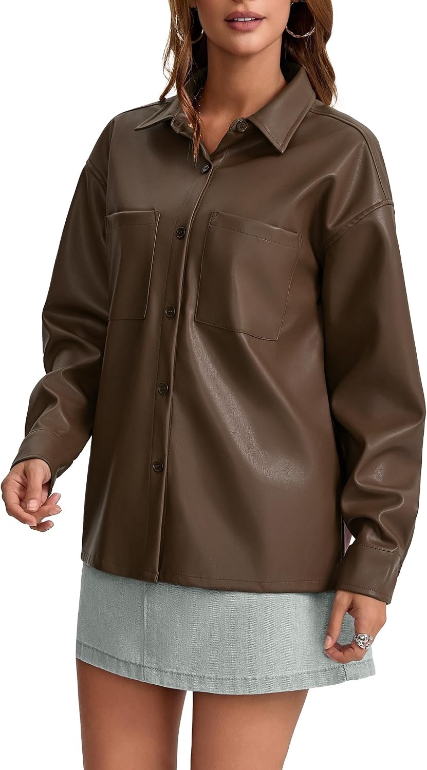 image:imageWomens Faux Leather Button Up Shirt Jacket Pleather Blouse Shacket TopsCoffee