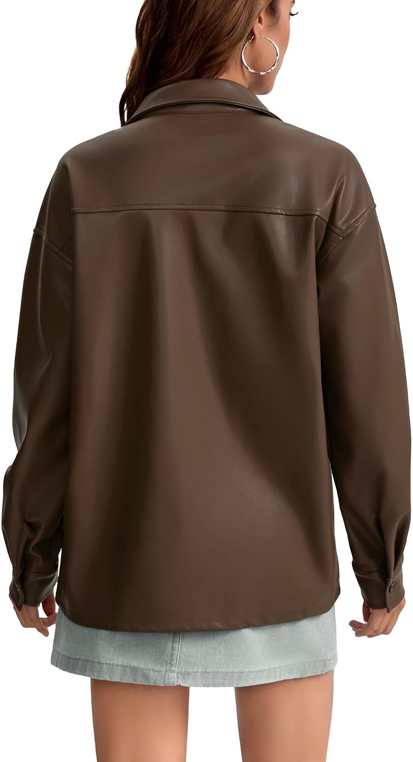 image:imageWomens Faux Leather Button Up Shirt Jacket Pleather Blouse Shacket TopsCoffee