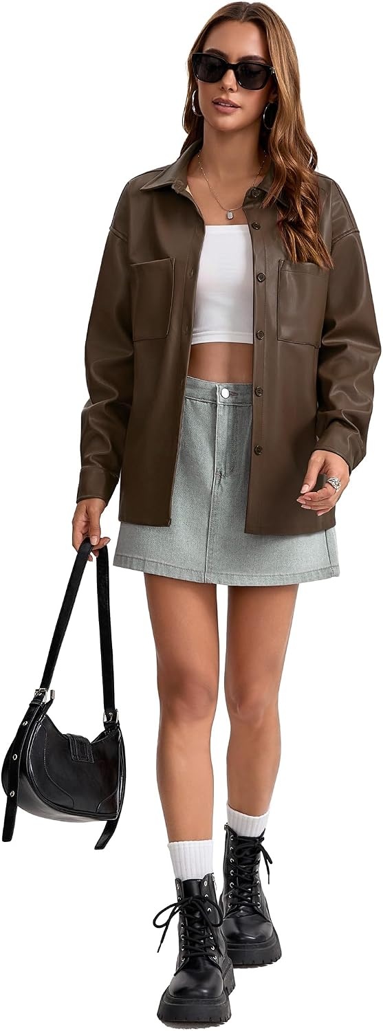 image:imageWomens Faux Leather Button Up Shirt Jacket Pleather Blouse Shacket TopsCoffee