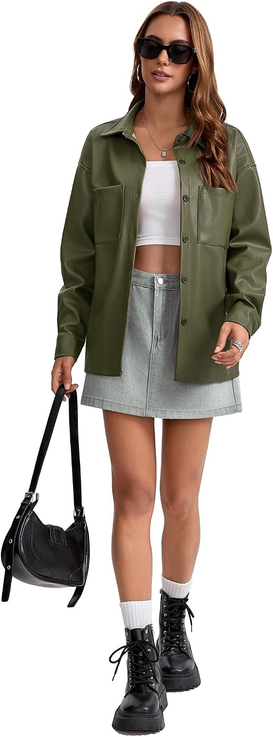 image:imageWomens Faux Leather Button Up Shirt Jacket Pleather Blouse Shacket TopsGreen