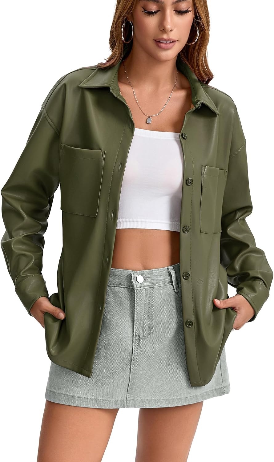 image:imageWomens Faux Leather Button Up Shirt Jacket Pleather Blouse Shacket TopsGreen