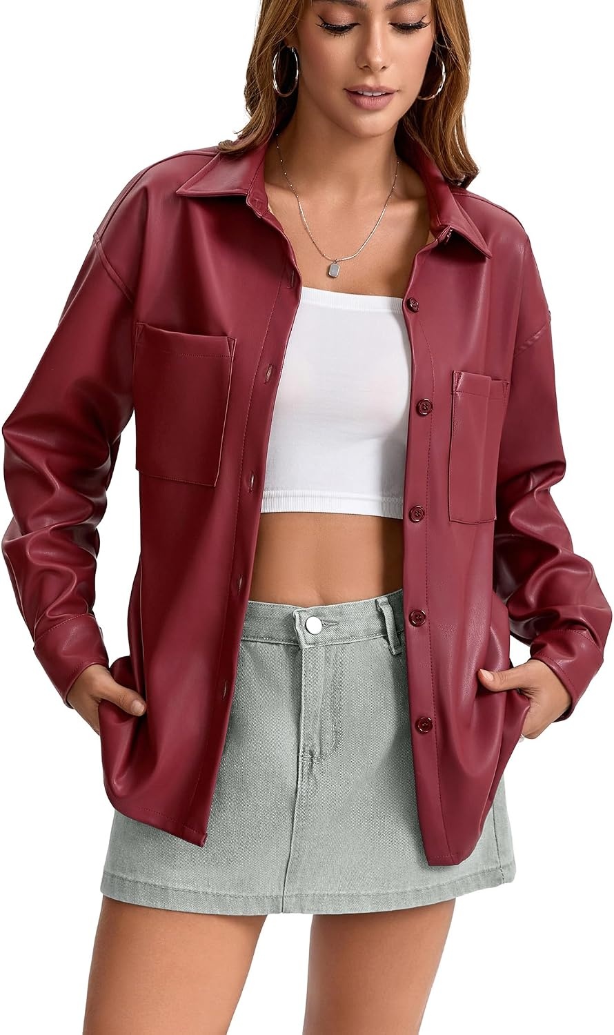 image:imageWomens Faux Leather Button Up Shirt Jacket Pleather Blouse Shacket TopsRed
