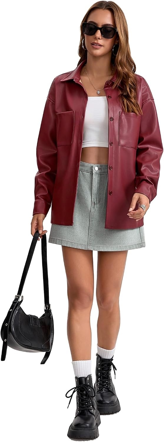 image:imageWomens Faux Leather Button Up Shirt Jacket Pleather Blouse Shacket TopsRed
