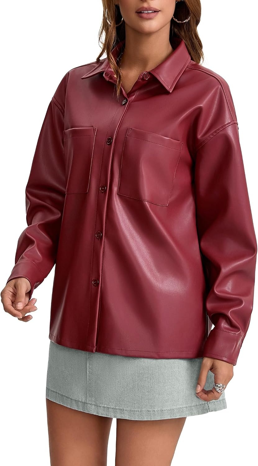 image:imageWomens Faux Leather Button Up Shirt Jacket Pleather Blouse Shacket TopsRed
