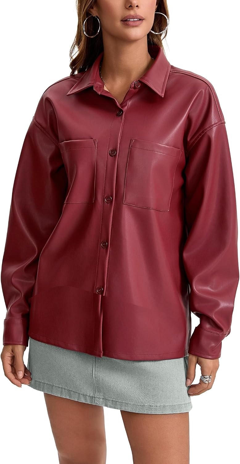 image:imageWomens Faux Leather Button Up Shirt Jacket Pleather Blouse Shacket TopsRed
