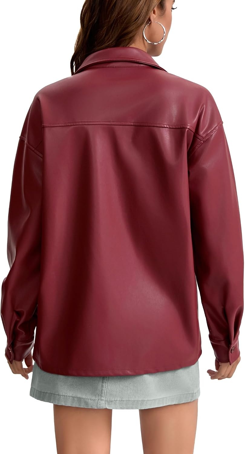 image:imageWomens Faux Leather Button Up Shirt Jacket Pleather Blouse Shacket TopsRed