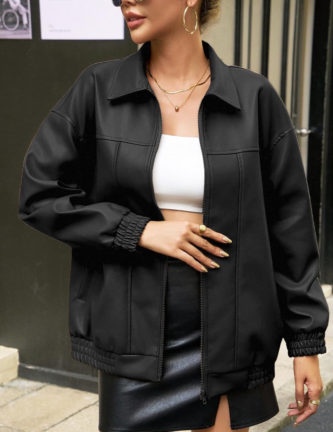 image:imageWomens Faux Leather Jackets Oversized Fall Bomber Zip Up CoatsBlack