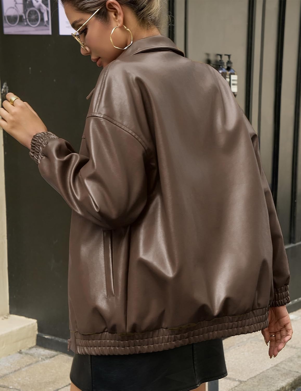 image:imageWomens Faux Leather Jackets Oversized Fall Bomber Zip Up CoatsDrak Brown
