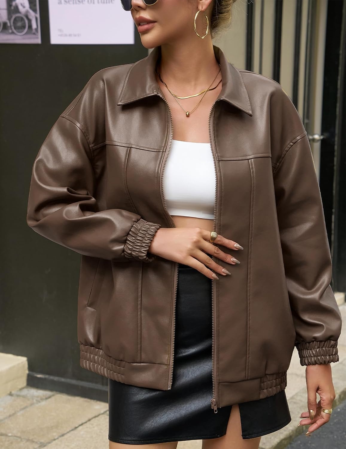 image:imageWomens Faux Leather Jackets Oversized Fall Bomber Zip Up CoatsDrak Brown
