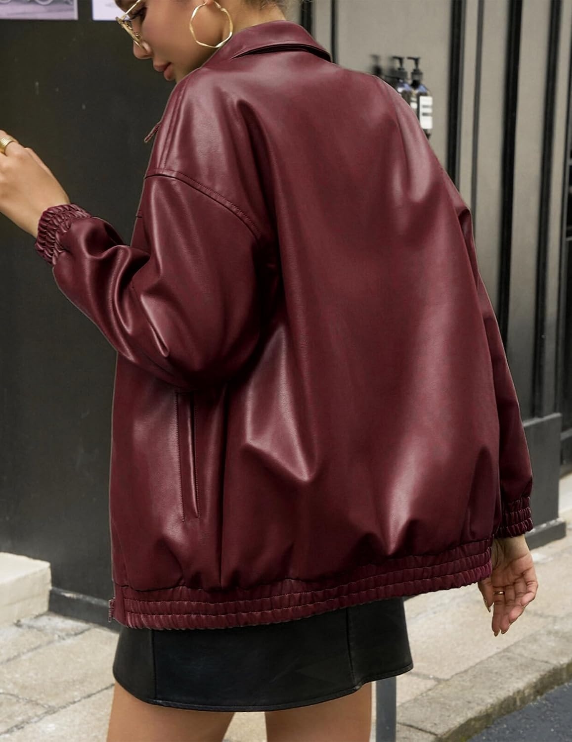 image:imageWomens Faux Leather Jackets Oversized Fall Bomber Zip Up CoatsWine Red
