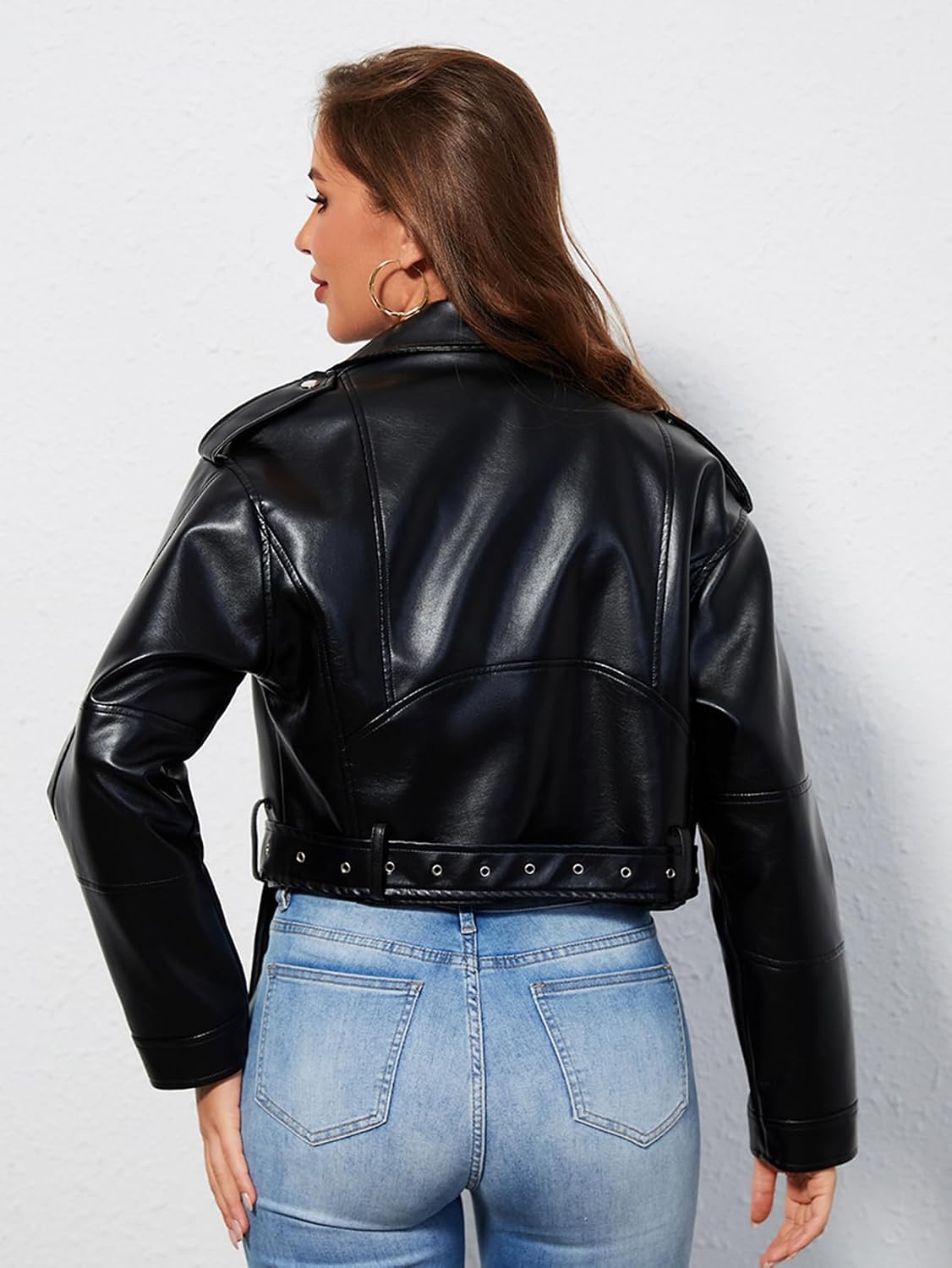 image:imageWomens Faux Leather Moto Biker Jacket Crop Punk Rivet Coat with Belt Short PU Leather OuterwearBlack1