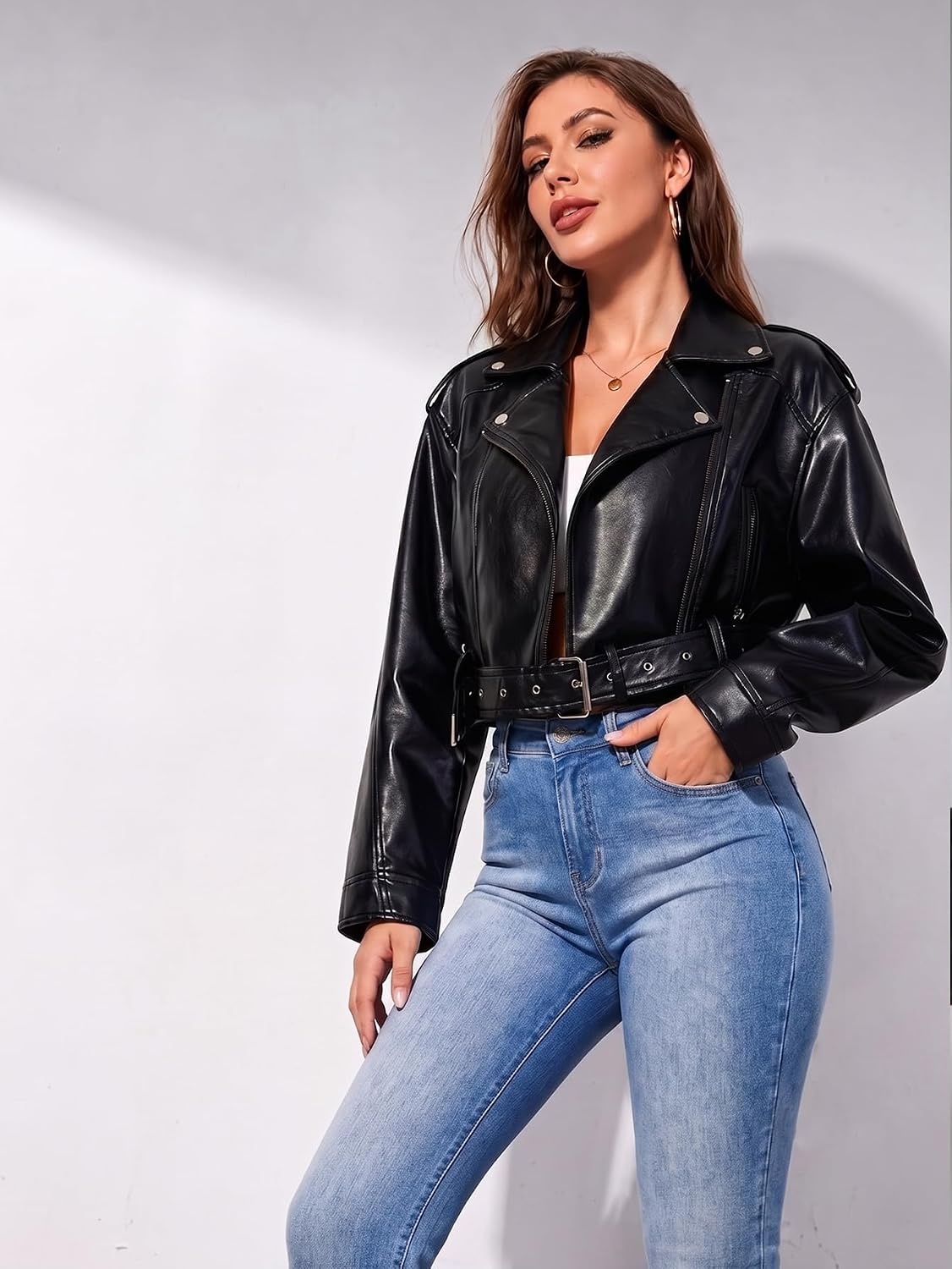 image:imageWomens Faux Leather Moto Biker Jacket Crop Punk Rivet Coat with Belt Short PU Leather OuterwearBlack1