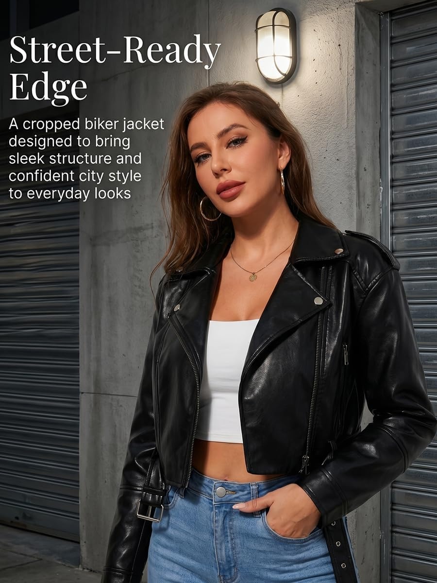image:imageWomens Faux Leather Moto Biker Jacket Crop Punk Rivet Coat with Belt Short PU Leather OuterwearBlack1