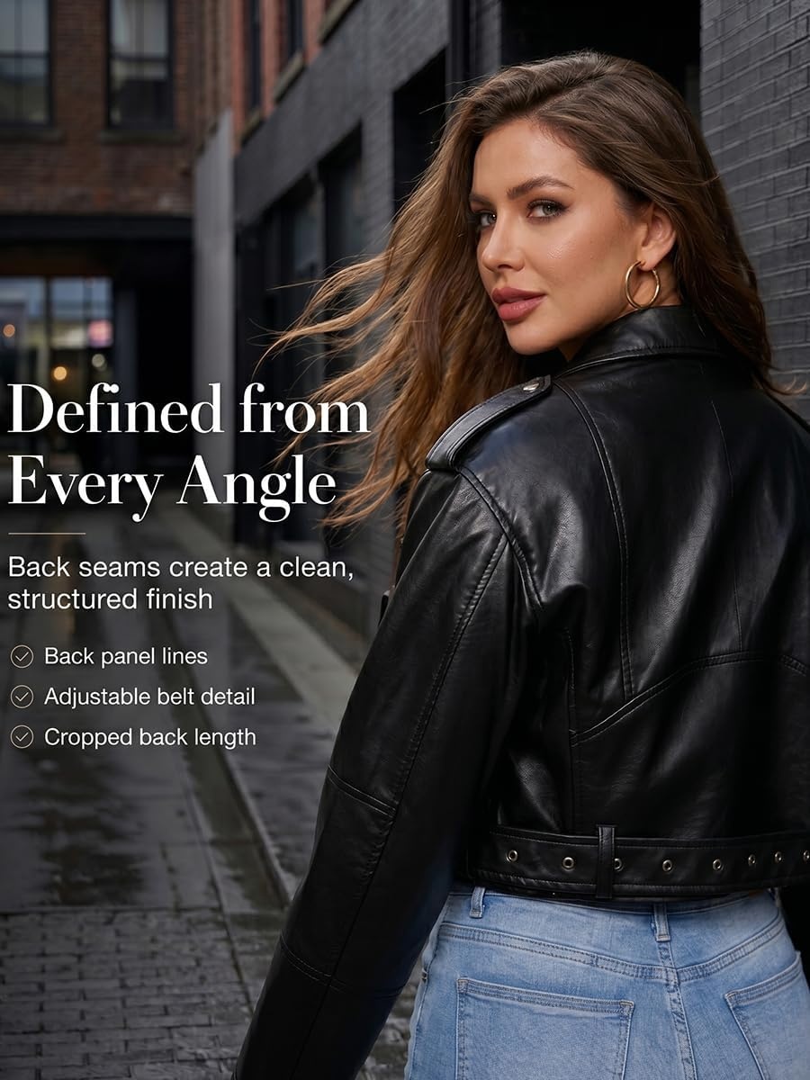 image:imageWomens Faux Leather Moto Biker Jacket Crop Punk Rivet Coat with Belt Short PU Leather OuterwearBlack1
