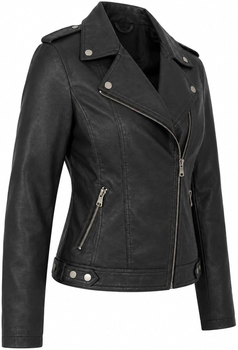 image:imageWomens Faux Leather Moto Jacket Zip PocketsBlack