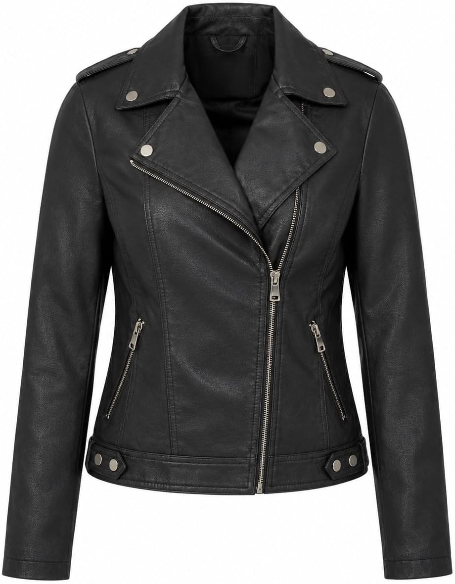 image:imageWomens Faux Leather Moto Jacket Zip PocketsBlack