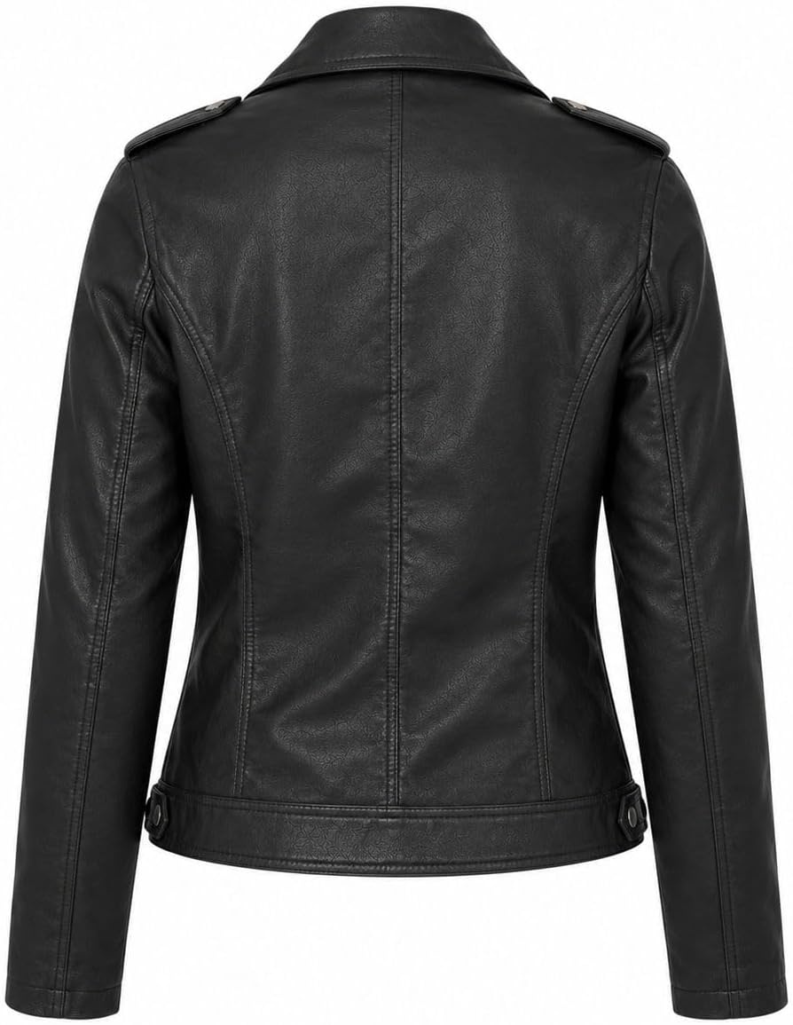 image:imageWomens Faux Leather Moto Jacket Zip PocketsBlack