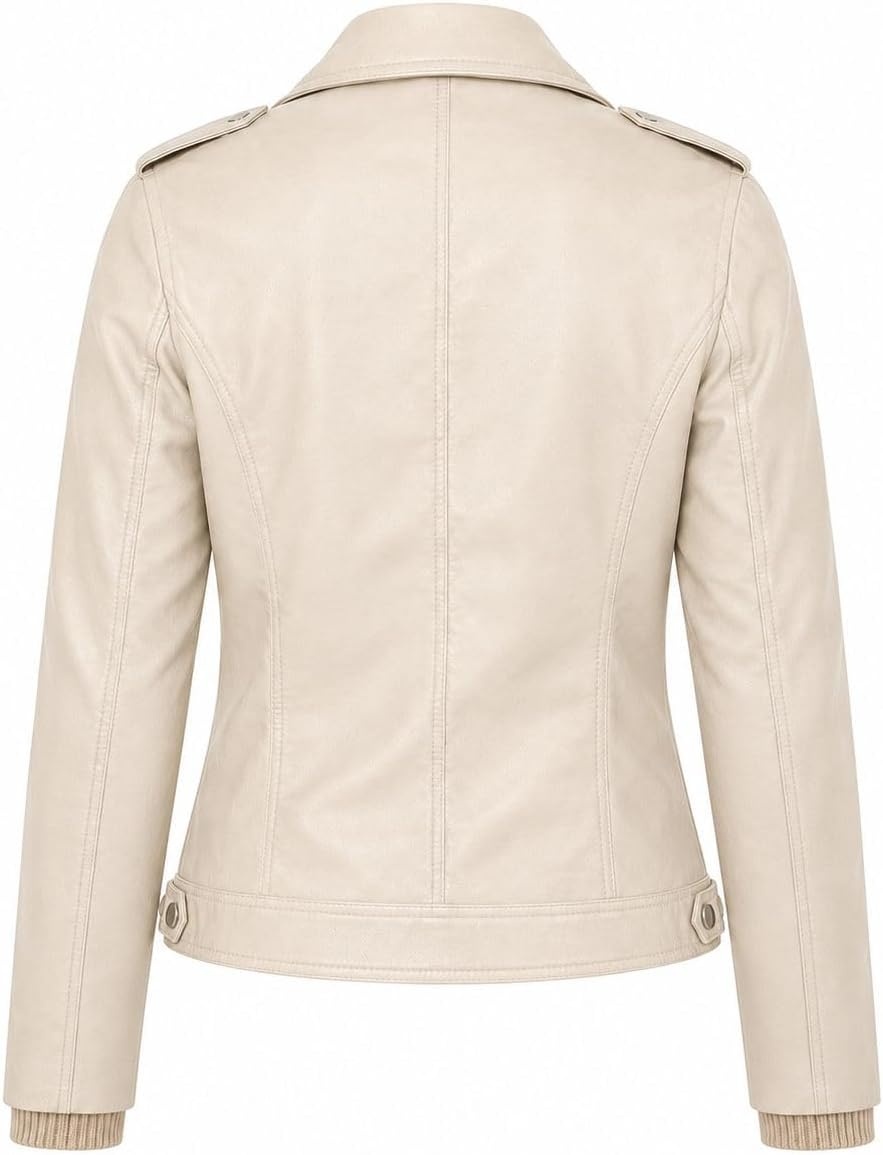 image:imageWomens Faux Leather Moto Jacket Zip PocketsSand