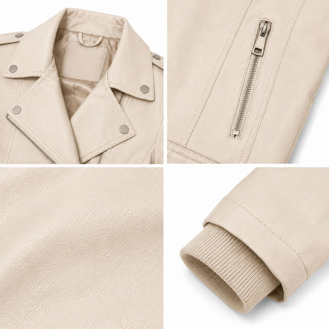 image:imageWomens Faux Leather Moto Jacket Zip PocketsSand