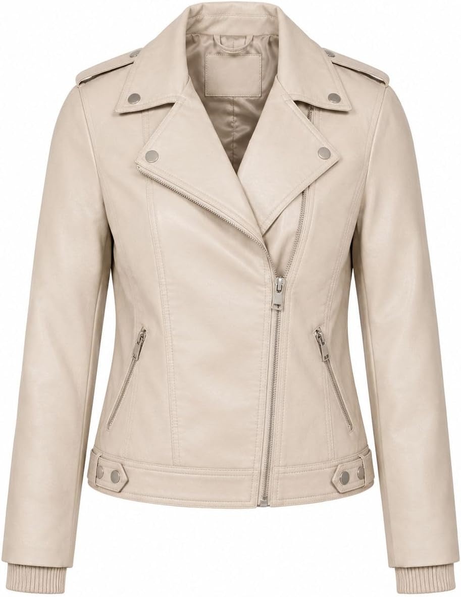 image:imageWomens Faux Leather Moto Jacket Zip PocketsSand