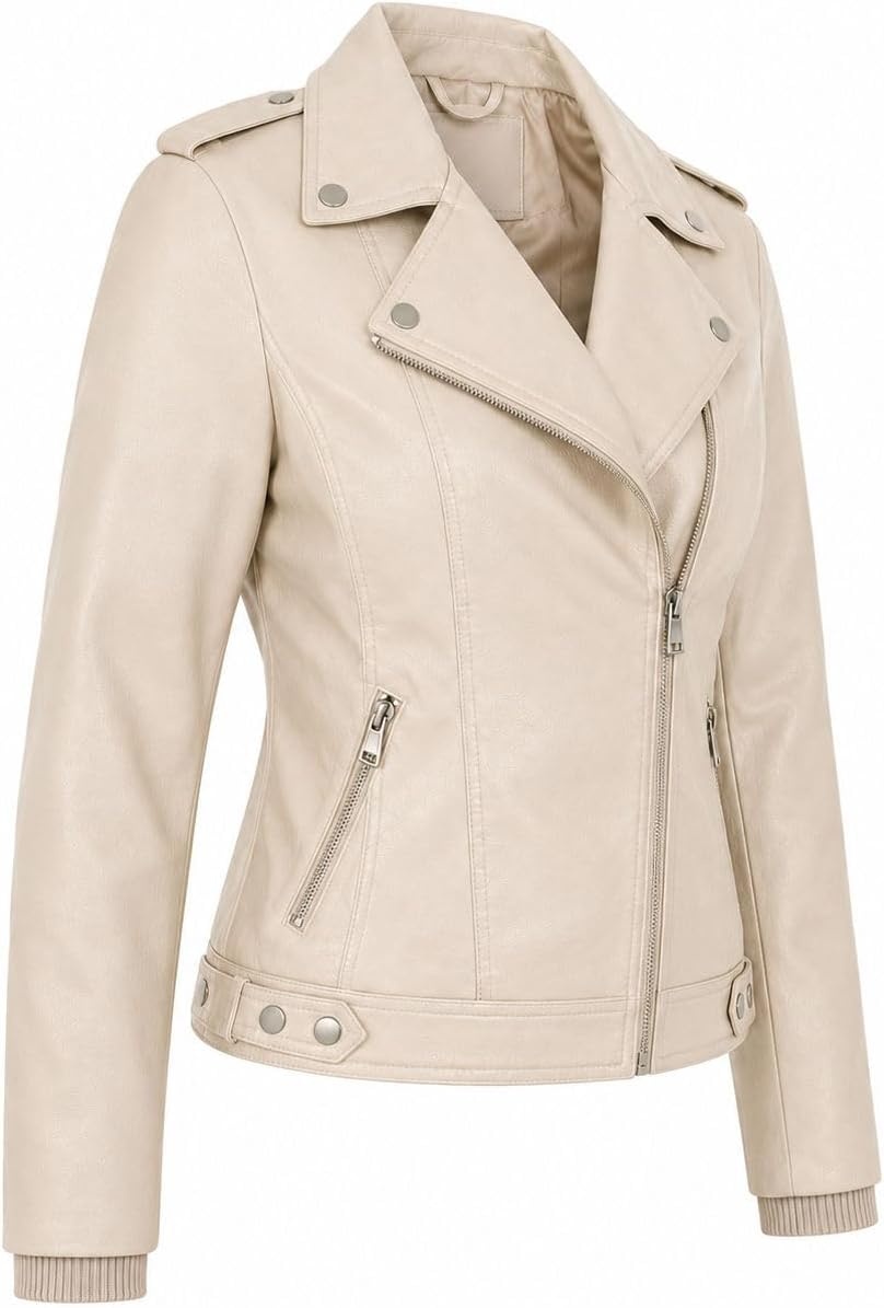 image:imageWomens Faux Leather Moto Jacket Zip PocketsSand