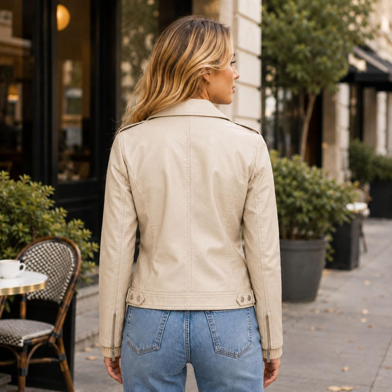 image:imageWomens Faux Leather Moto Jacket Zip PocketsSand