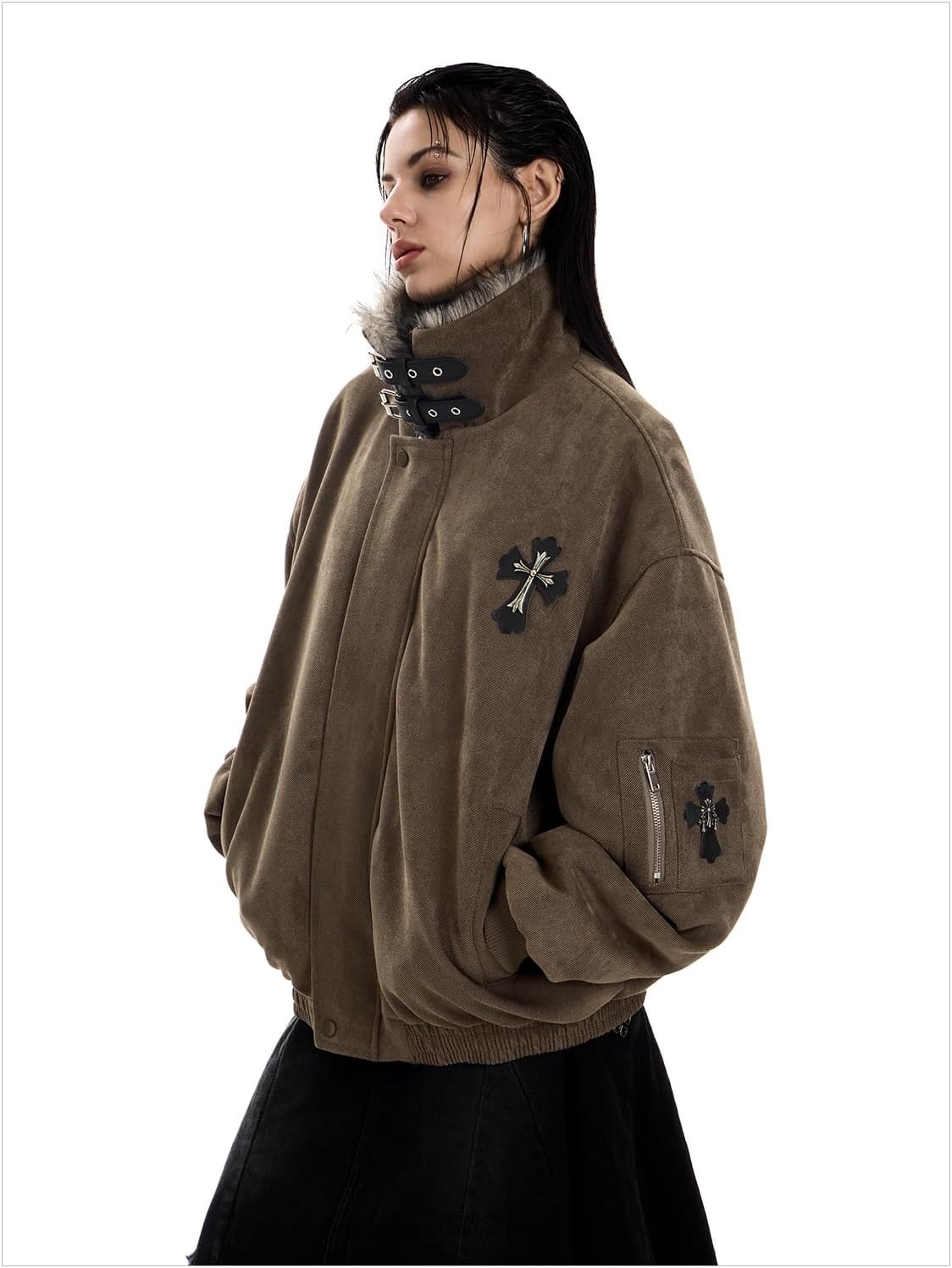image:imageWomens Vintage Gothic Moto Jacket Faux Fur Collar Y2K Streetwear pocketsBrown