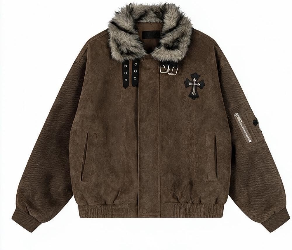 image:imageWomens Vintage Gothic Moto Jacket Faux Fur Collar Y2K Streetwear pocketsBrown