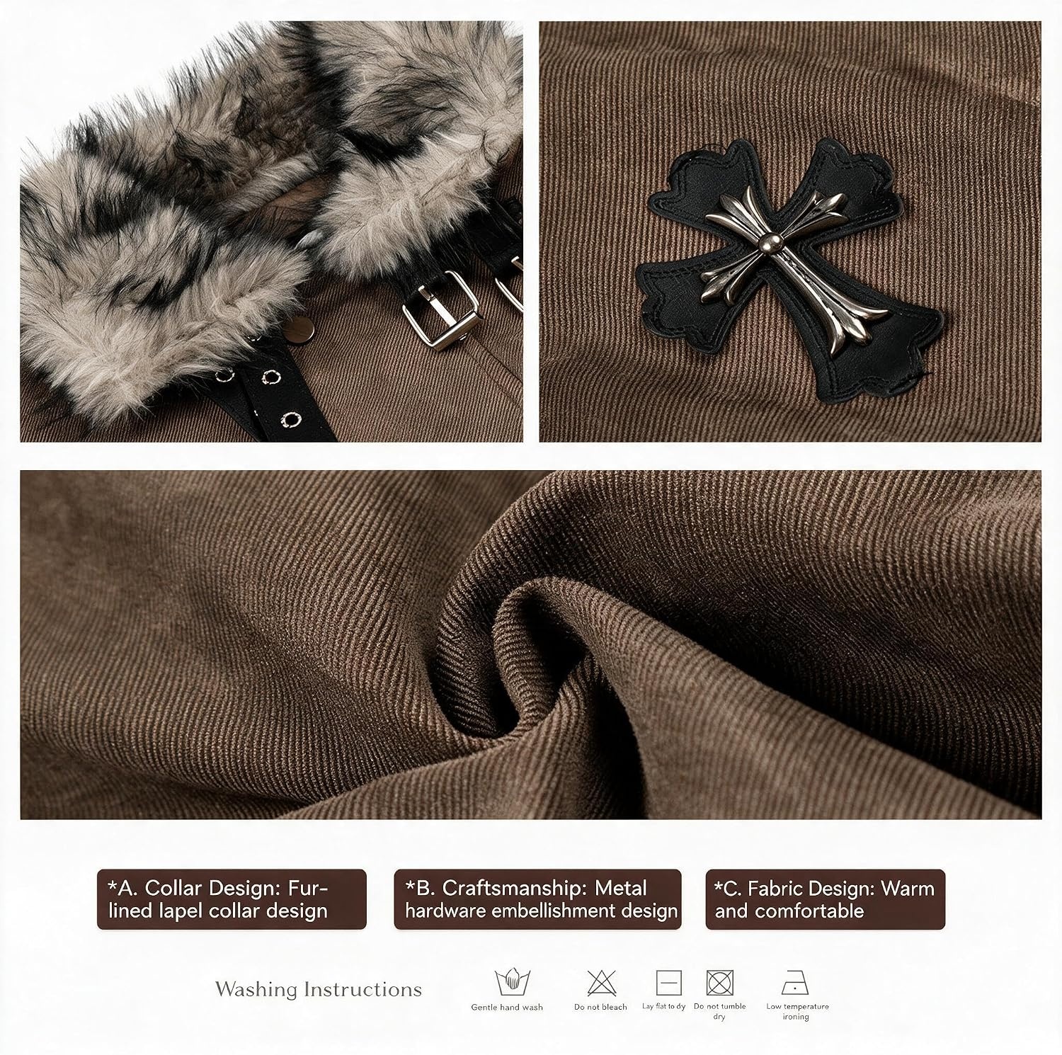 image:imageWomens Vintage Gothic Moto Jacket Faux Fur Collar Y2K Streetwear pocketsBrown