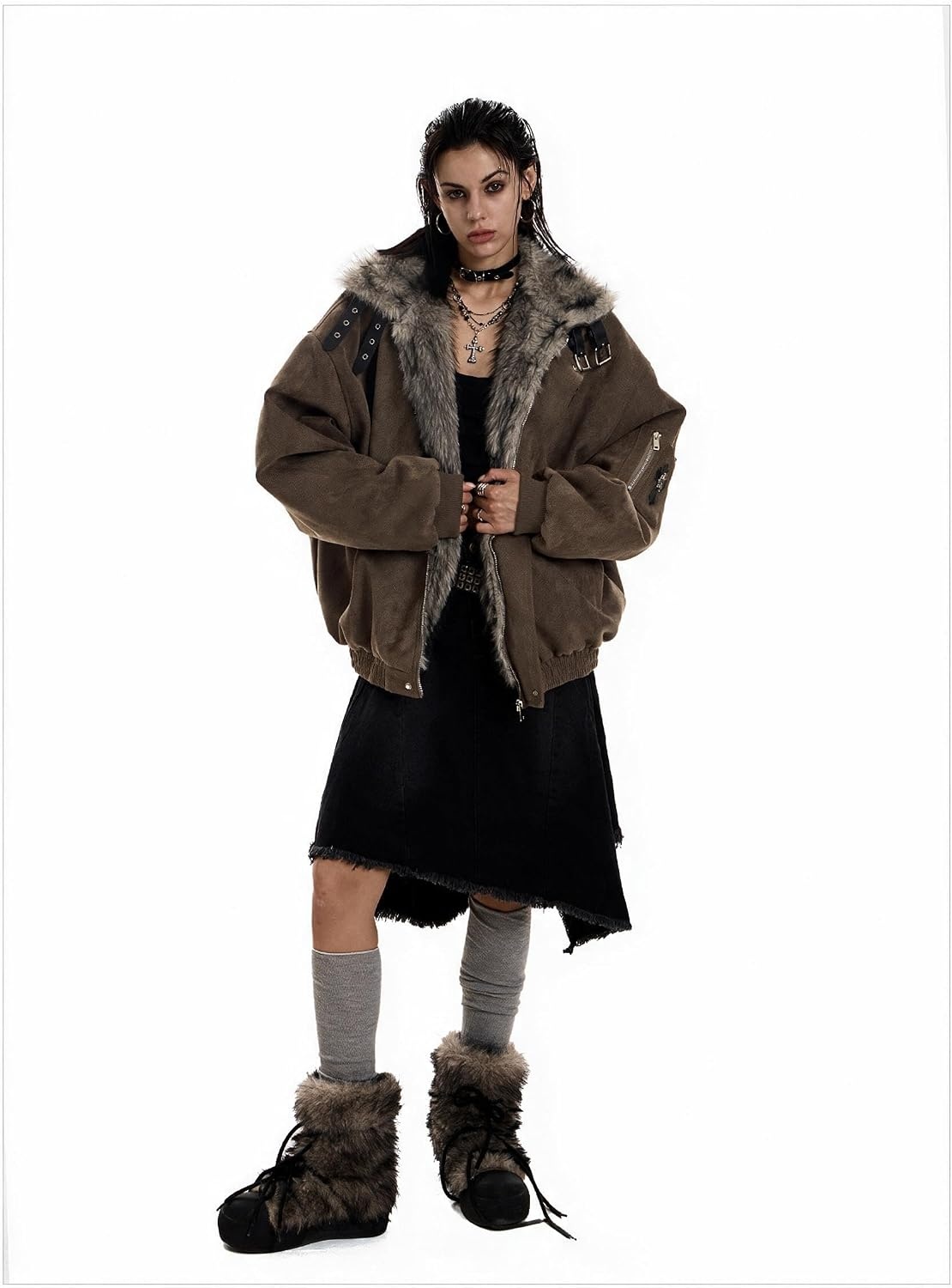 image:imageWomens Vintage Gothic Moto Jacket Faux Fur Collar Y2K Streetwear pocketsBrown