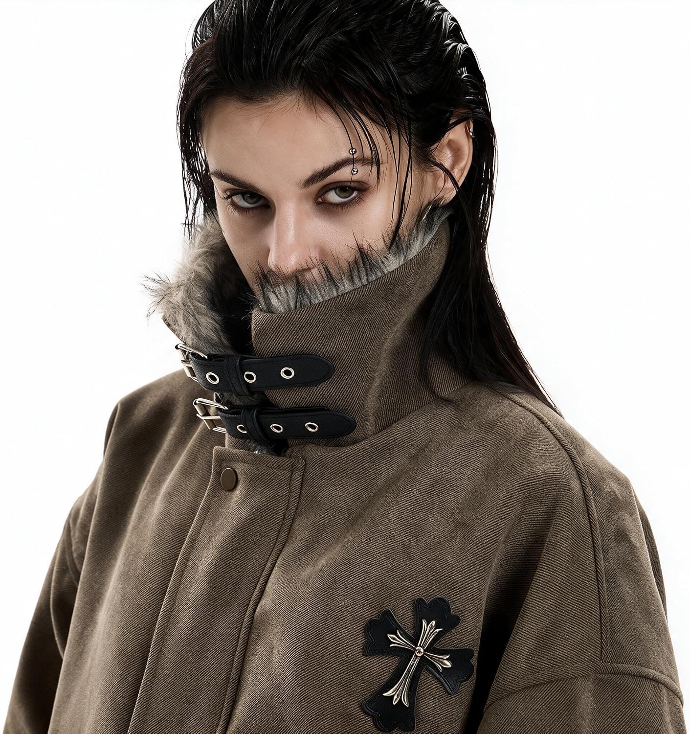 image:imageWomens Vintage Gothic Moto Jacket Faux Fur Collar Y2K Streetwear pocketsBrown