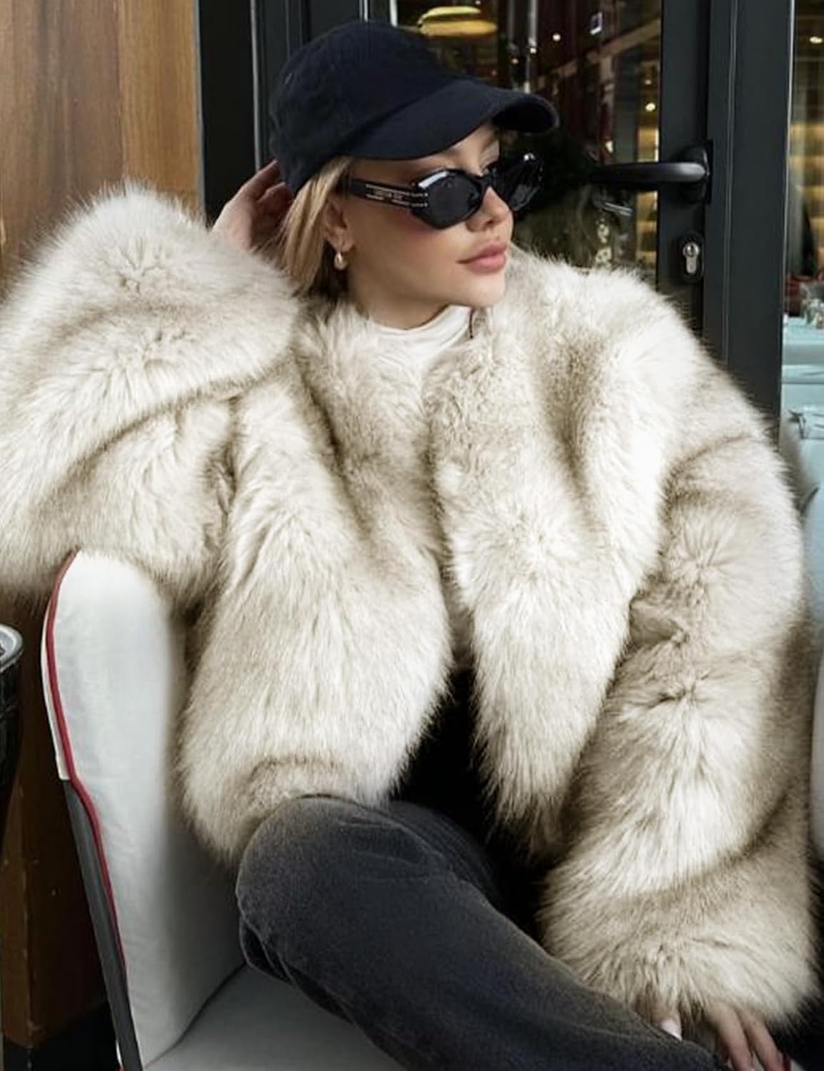 image:imageWyeysyt Women Faux Fur Coat Cropped Fur Fluffy Winter Warm CoatBeige
