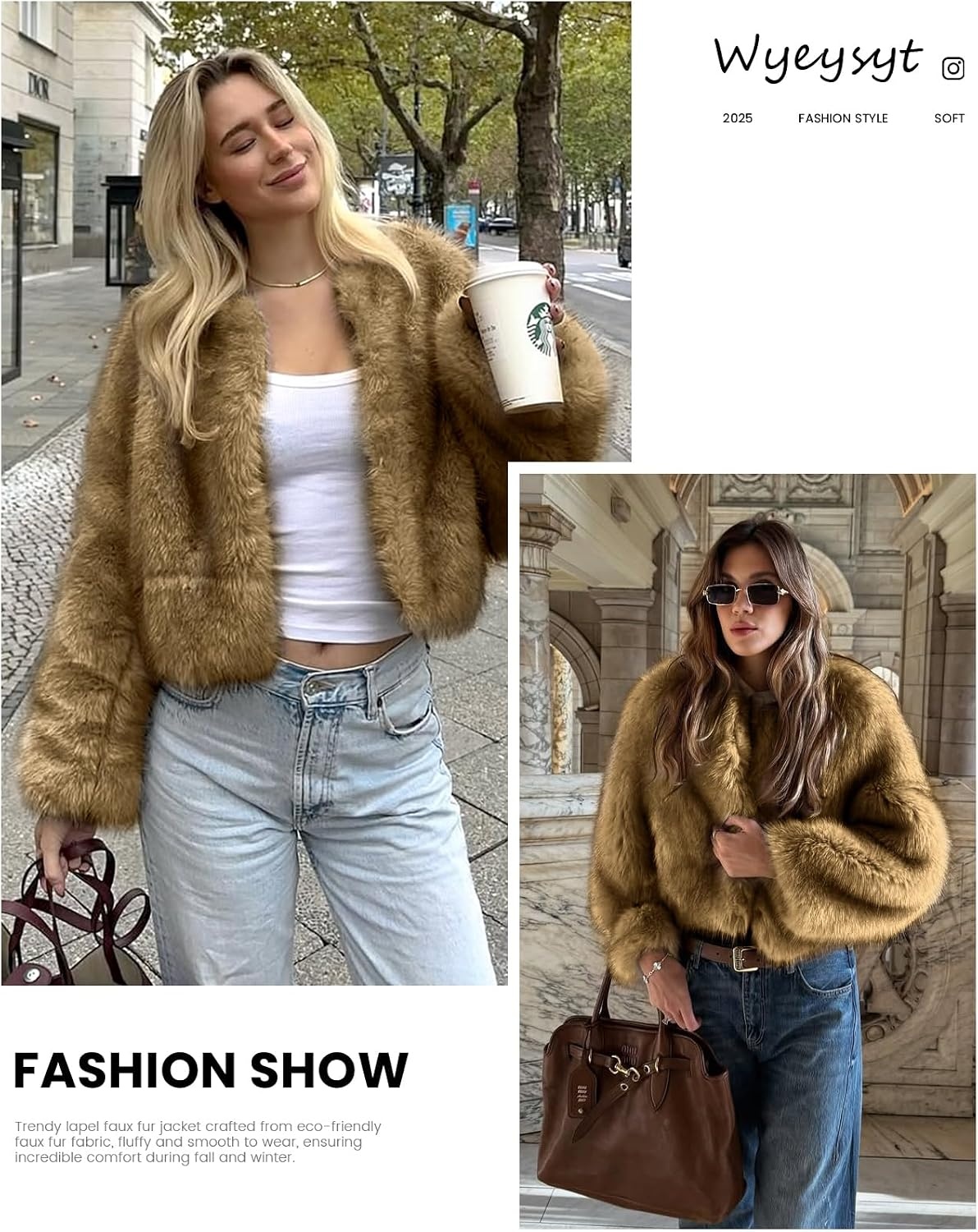 image:imageWyeysyt Women Faux Fur Coat Cropped Fur Fluffy Winter Warm CoatCoffee