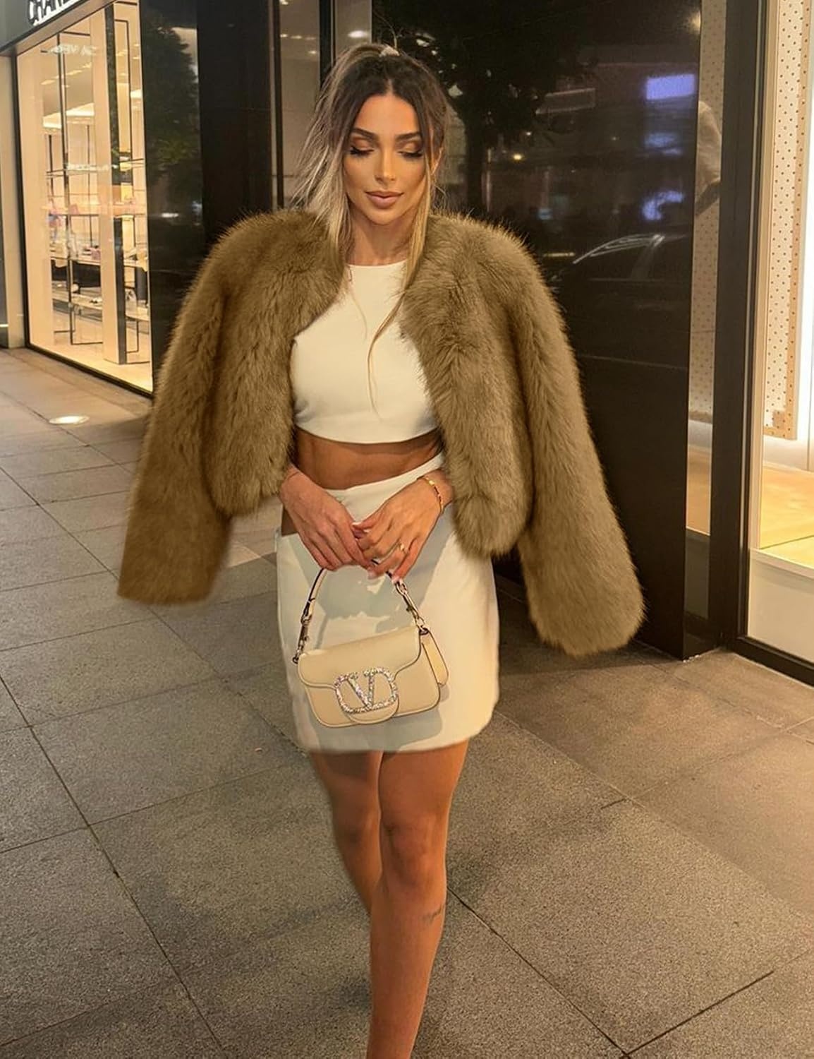 image:imageWyeysyt Women Faux Fur Coat Cropped Fur Fluffy Winter Warm CoatCoffee