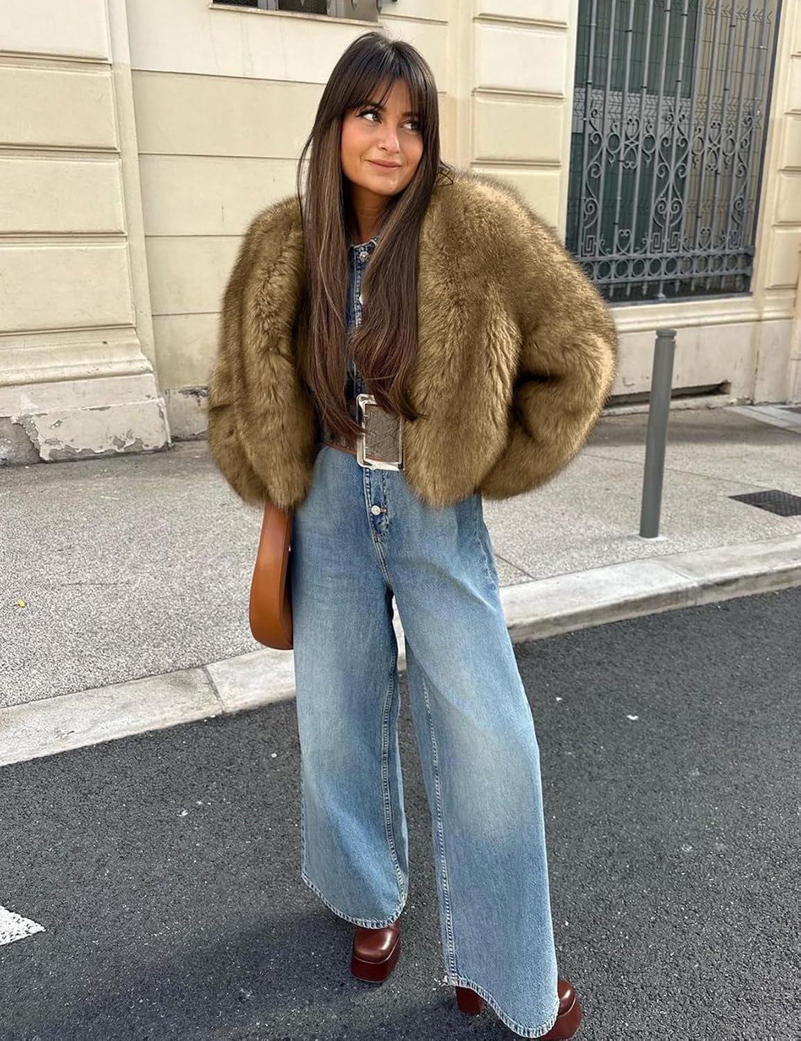 image:imageWyeysyt Women Faux Fur Coat Cropped Fur Fluffy Winter Warm CoatCoffee