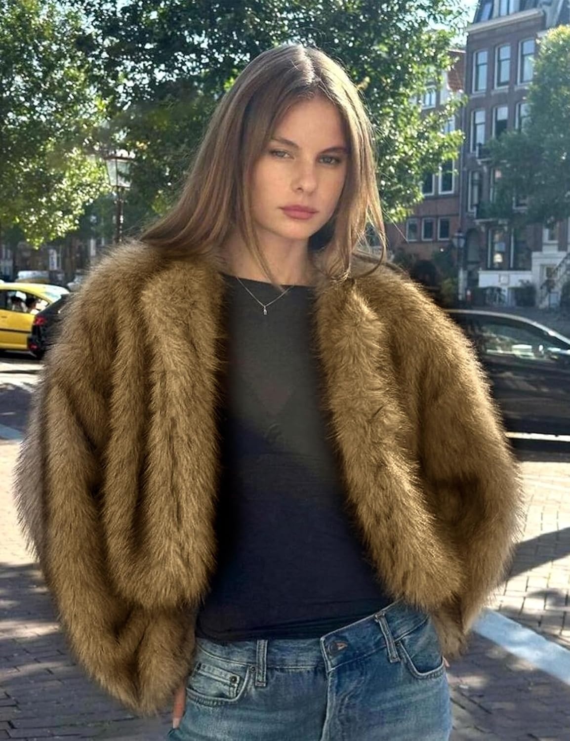 image:imageWyeysyt Women Faux Fur Coat Cropped Fur Fluffy Winter Warm CoatCoffee