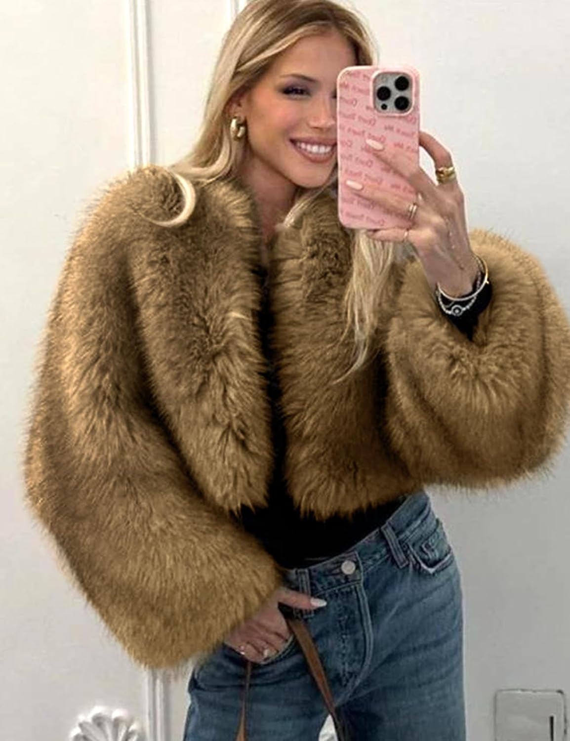 image:imageWyeysyt Women Faux Fur Coat Cropped Fur Fluffy Winter Warm CoatCoffee